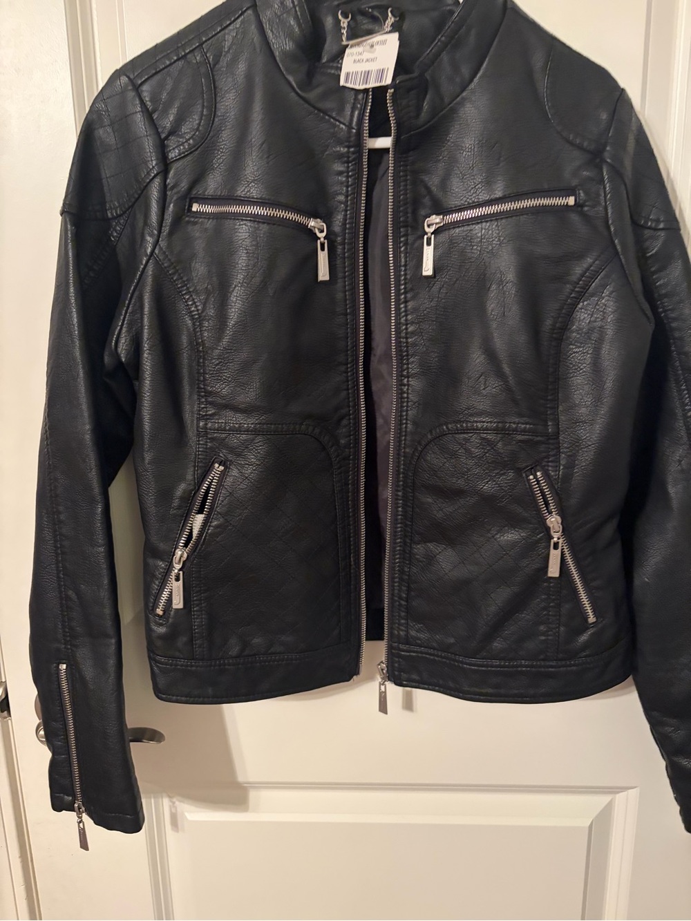 Bloomingdale's Black Faux Leather Moto Jacket with Zip Pockets